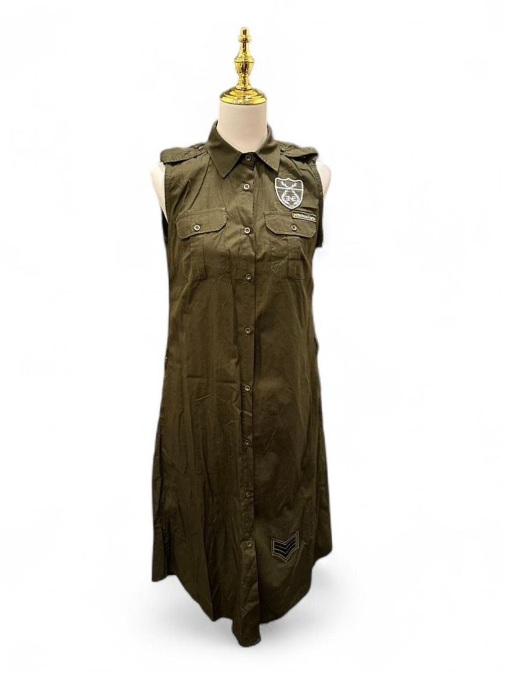 Sleeveless Olive Green Midi Shirt Dress with Patch Details